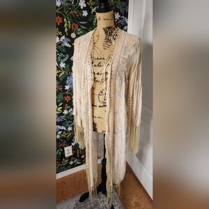 Beige Floral Kimono Style Cover Up with Fringe